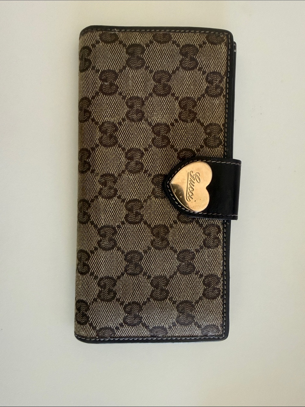 Gucci Brown Monogram Continental Wallet with Gold Heart Clasp